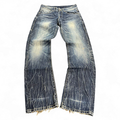 TWC Vintage Evisu KC Straight Jeans in verwaschenem Blau mit Vintage-Waschung und ausgefransten Beinabschlüssen