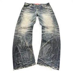 TWC Vintage Evisu KC Baggy Jeans in verwaschenem Blau mit weitem Bein und Distressed-Details