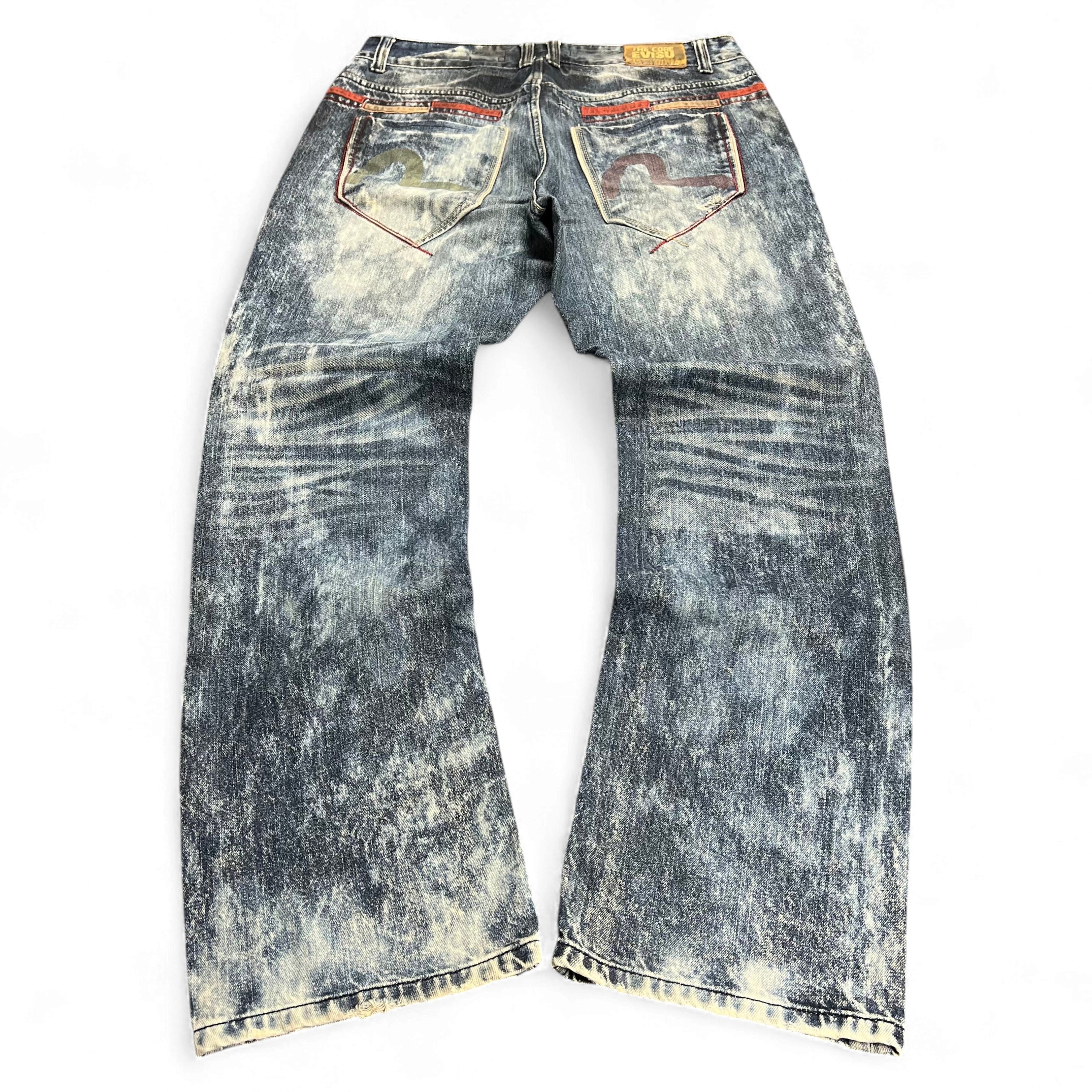 TWC Vintage Evisu KC Straight Jeans in verwaschenem Blau mit markanten Gesäßtaschen und Vintage-Waschung