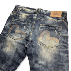 TWC Vintage Evisu Straight Jeans in verwaschenem Dunkelblau mit charakteristischem Seagull-Print auf den Gesäßtaschen
