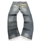 TWC Vintage Evisu Straight Jeans in verwaschenem Blau mit ikonischem Seagull-Print und Beyond Mighty-Grafik auf Taschen