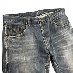TWC Vintage Evisu Straight Jeans in verwaschenem Blau mit karierter Münztasche und Used-Look