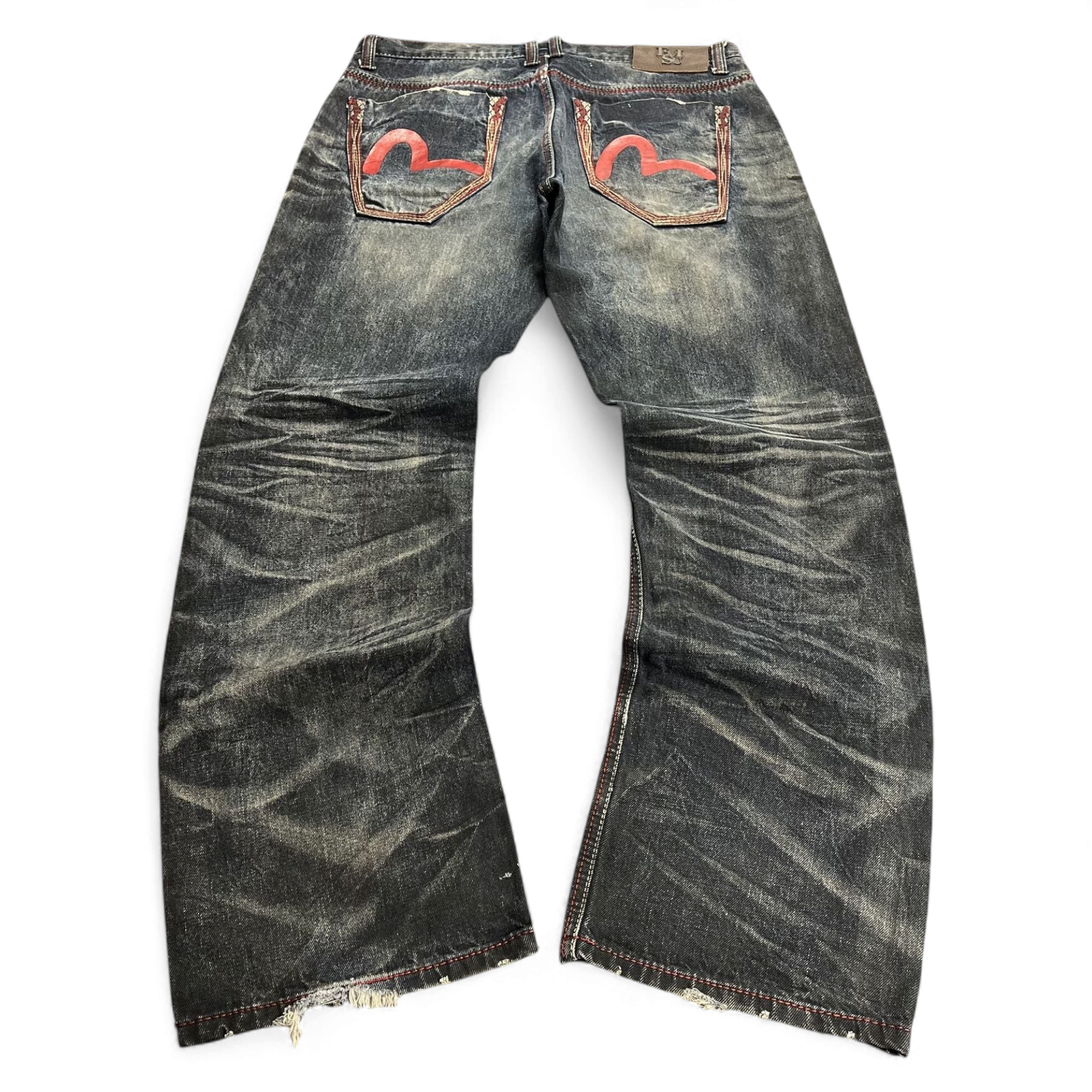 TWC Vintage Evisu Straight Jeans in verwaschenem Schwarz mit ikonischen roten Möwen-Prints auf den Gesäßtaschen