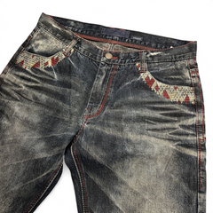 TWC Vintage Evisu Straight Jeans in verwaschenem Schwarz mit roten Kontrastnähten und bestickten Taschen