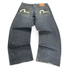 TWC Vintage Evisu Jeans mit geradem Schnitt in Dunkelblau mit ikonischem weißem Möwen-Print auf den Gesäßtaschen
