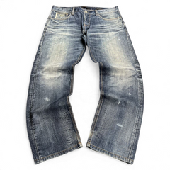 TWC Vintage Evisu Straight Jeans in verwaschenem Blau mit Vintage-Waschung und geradem Schnitt