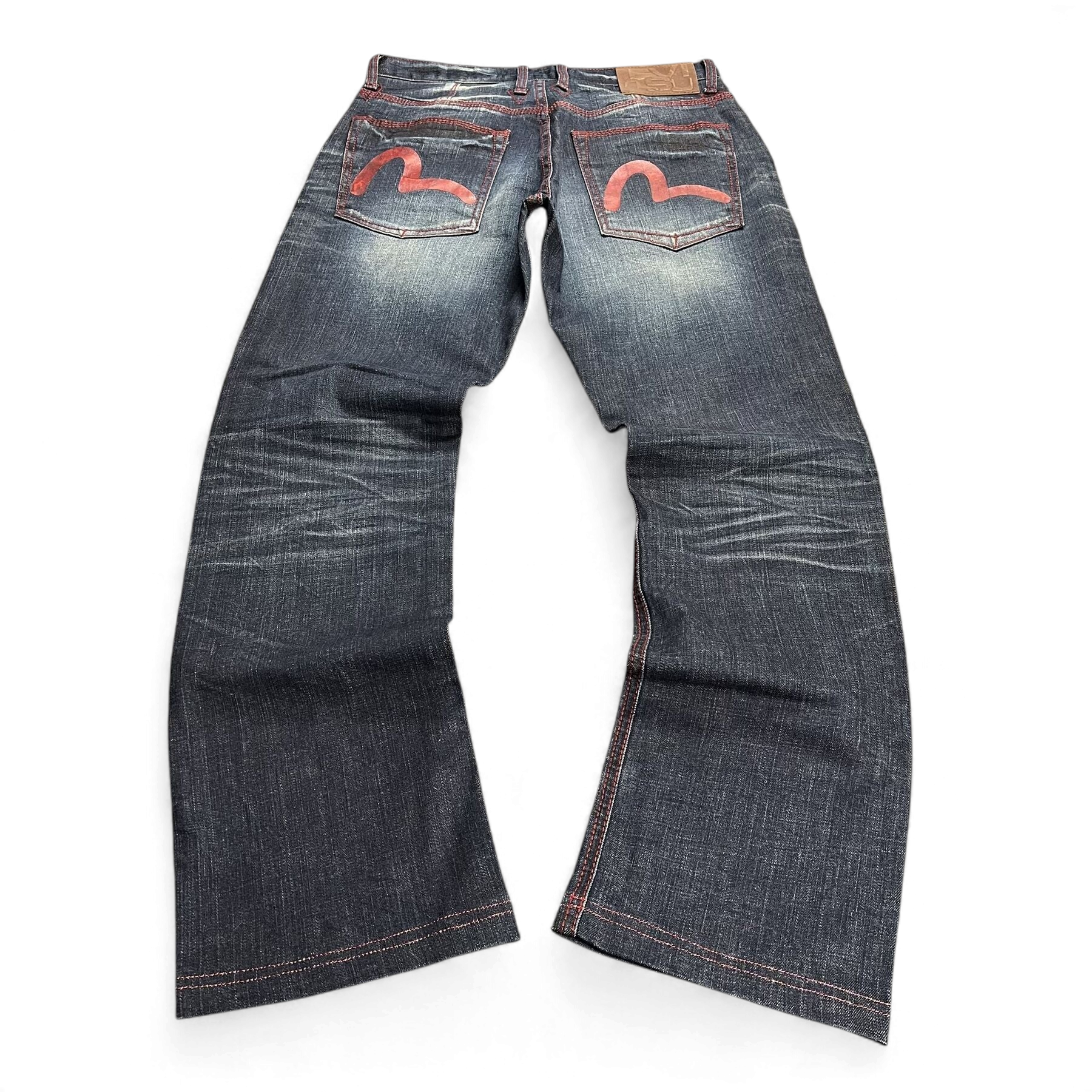 TWC Vintage Evisu Straight Jeans in dunklem Denim mit roten Nähten und ikonischem Seagull-Print auf den Gesäßtaschen