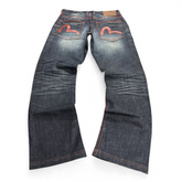 TWC Vintage Evisu Straight Jeans in dunklem Denim mit roten Nähten und ikonischem Seagull-Print auf den Gesäßtaschen
