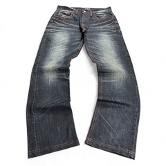 TWC Vintage Evisu Straight Jeans in dunklem Denim mit markanten roten Kontrastnähten und Vintage-Waschung