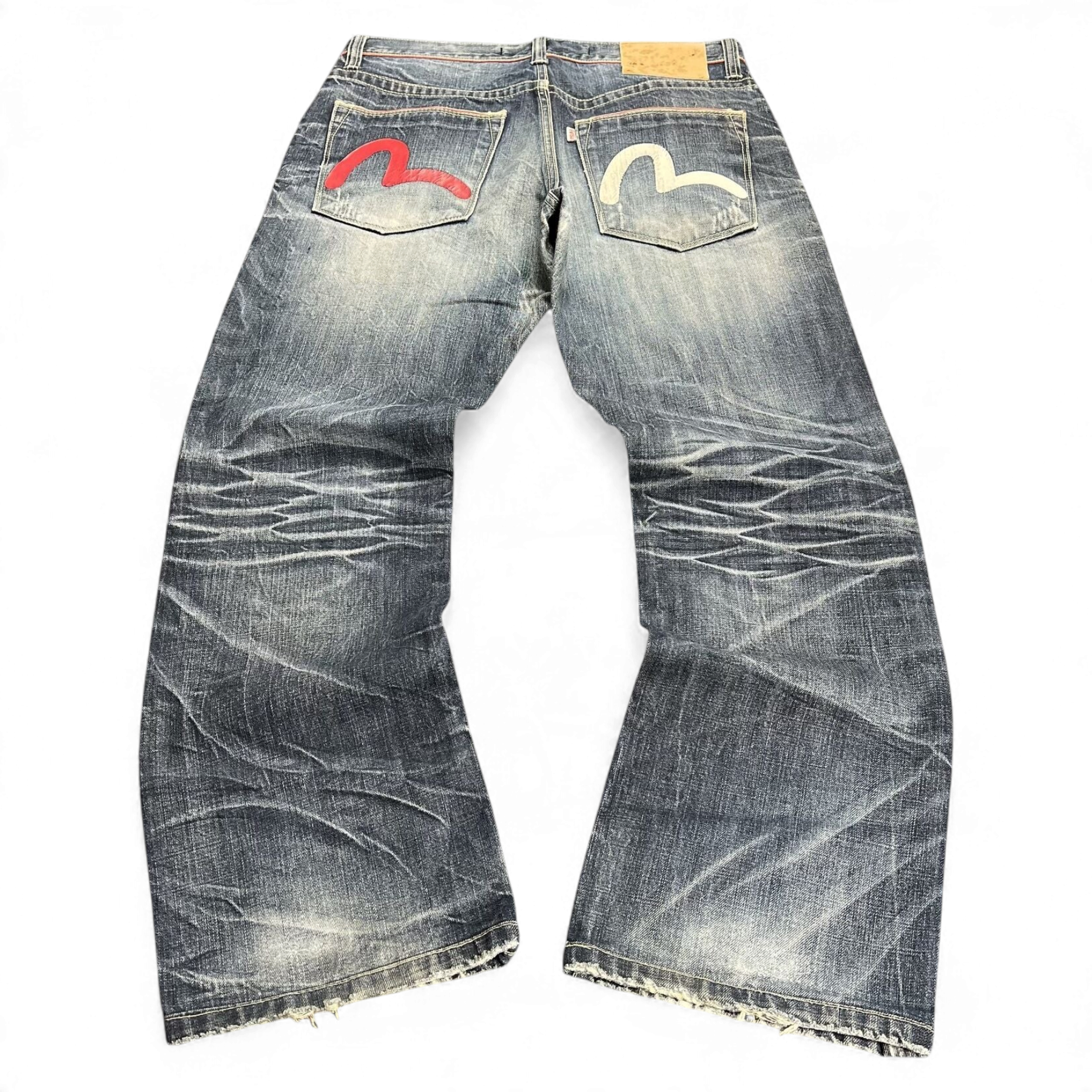 TWC Vintage Evisu Jeans mit geradem Schnitt, verwaschenem Denim und ikonischen roten und weißen Seagull-Taschen
