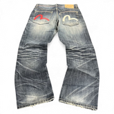 TWC Vintage Evisu Jeans mit geradem Schnitt, verwaschenem Denim und ikonischen roten und weißen Seagull-Taschen