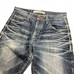 TWC Vintage Evisu Straight Jeans in verwaschenem Blau mit markanten Whiskers und Kontrastnähten