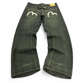 TWC Vintage Evisu Straight Jeans in verwaschenem Schwarz mit ikonischen weißen Möwen-Logos auf den Gesäßtaschen