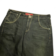 TWC Vintage Evisu Straight Jeans in Schwarz mit gelben Kontrastnähten und klassischem Knopfverschluss