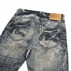 TWC Vintage Evisu Straight Jeans in verwaschenem Blau mit ikonischem Seagull-Stitching auf den Gesäßtaschen