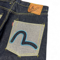 TWC Vintage Evisu Straight Jeans aus dunkelblauem Denim mit ikonischem blauem Seagull-Stick auf der Gesäßtasche