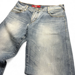 TWC Vintage Evisu Straight Jeans in verwaschenem Blau mit klassischem Schnitt und rotem Markenlabel am Bund