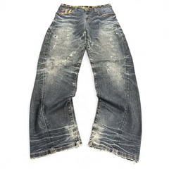 TWC Vintage Evisu Straight Jeans in verwaschenem Blau mit Distressed-Details und ausgefransten Beinabschlüssen