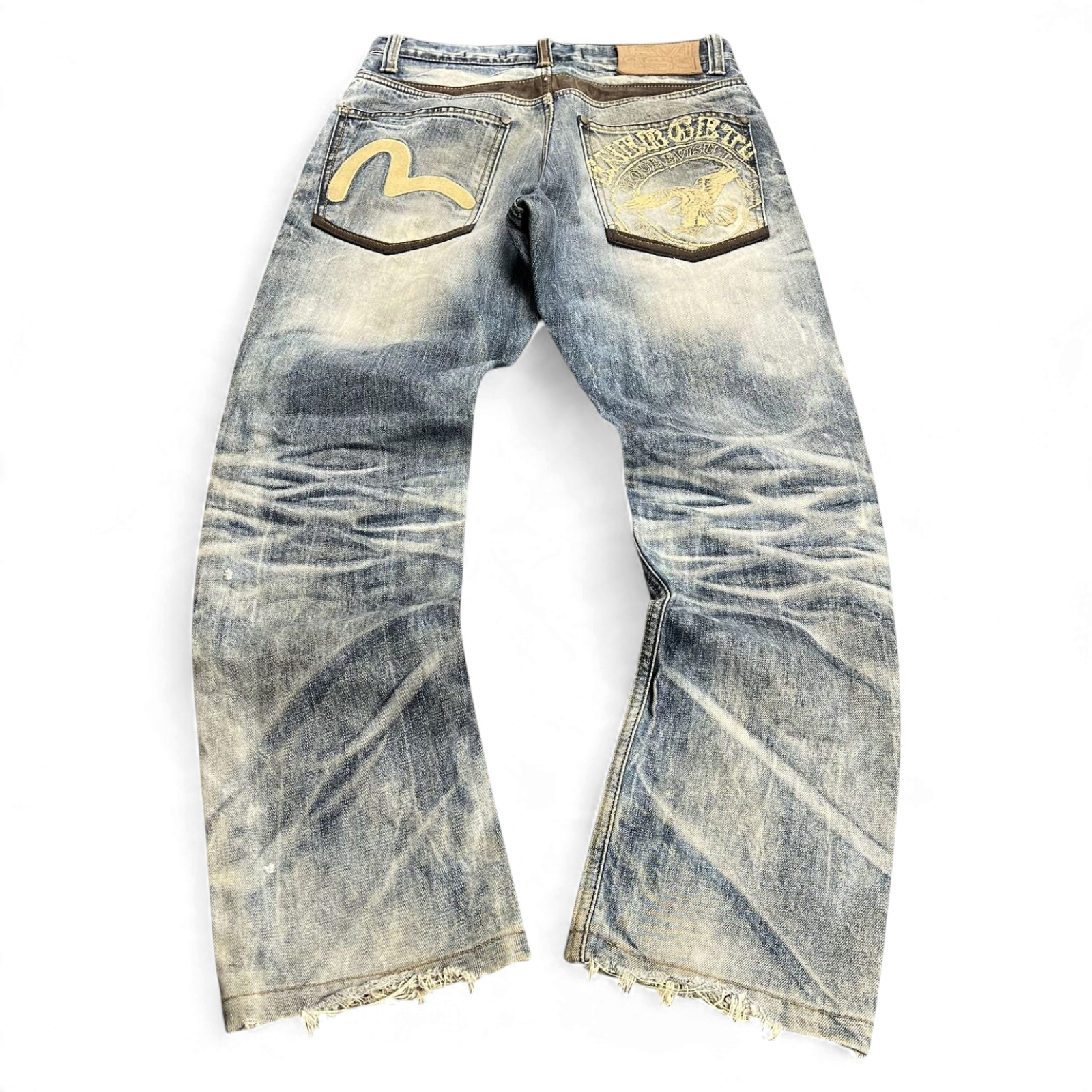 TWC Vintage Evisu Straight Jeans in verwaschenem Blau mit ikonischem Seagull-Logo und aufwendigen Stickereien hinten