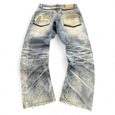 TWC Vintage Evisu Straight Jeans in verwaschenem Blau mit ikonischem Seagull-Logo und aufwendigen Stickereien hinten