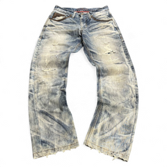 TWC Vintage Evisu Straight Jeans in verwaschenem Blau mit Distressed-Optik und ausgefransten Beinabschlüssen