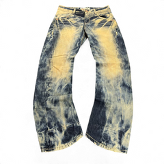 TWC Vintage Evisu Straight Jeans mit markanter Acid-Wash-Waschung in Blau und Gelb im Vintage-Stil