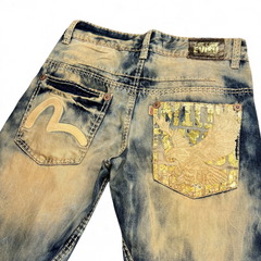 TWC Vintage Evisu Straight Jeans mit verwaschener blauer Waschung, ikonischem Seagull-Logo und Adler-Stickerei