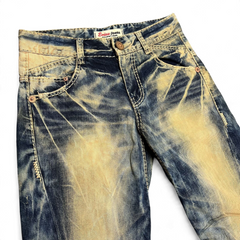TWC Vintage Evisu Straight Jeans mit markanter Waschung in Blau und Gelb, Vintage-Design mit Kontrastnähten
