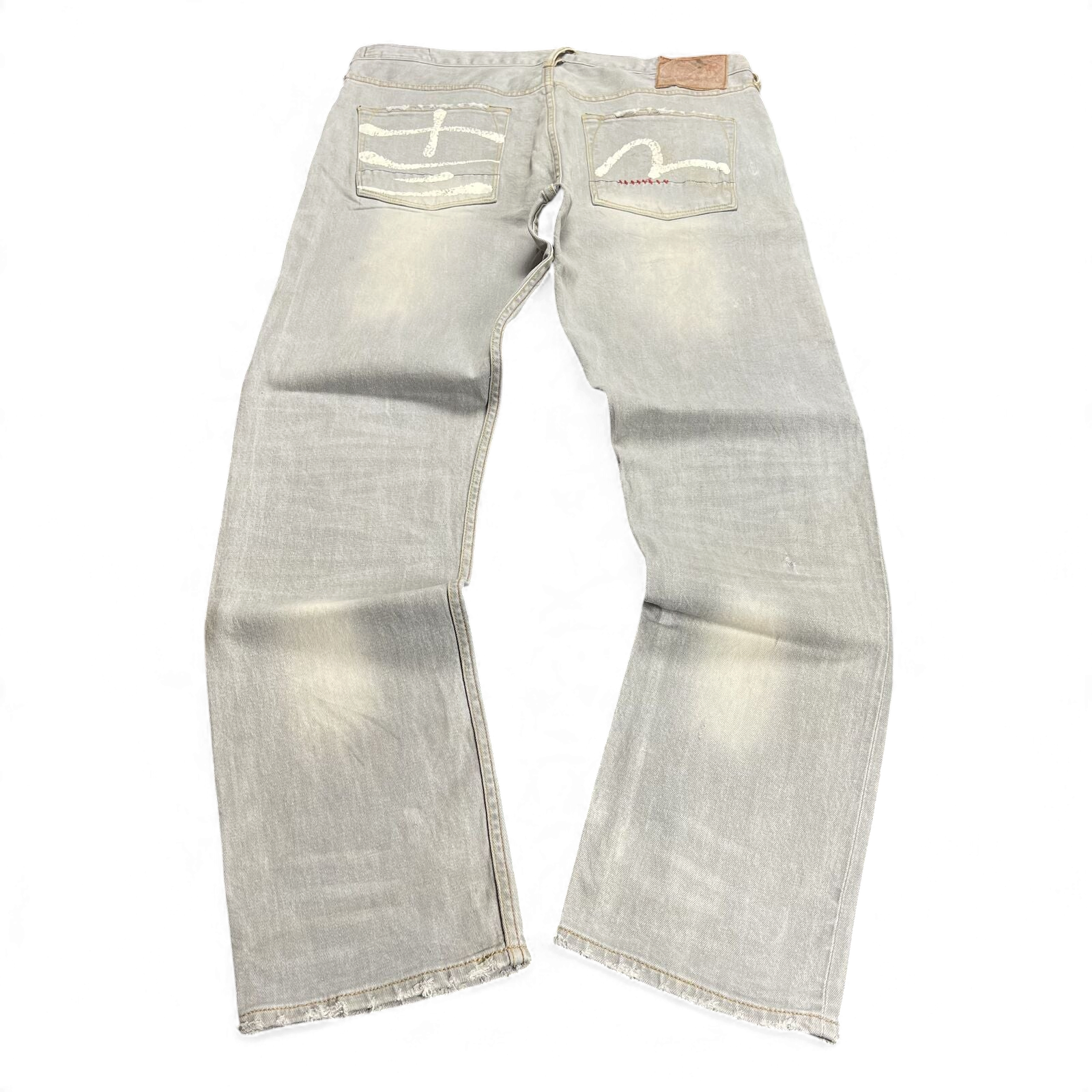 TWC Vintage Evisu Straight Jeans in verwaschenem Grau mit ikonischem weißem Seagull-Print auf den Gesäßtaschen