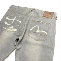 TWC Vintage Evisu Straight Jeans in Grau mit ikonischem weißem Seagull-Print auf den Gesäßtaschen