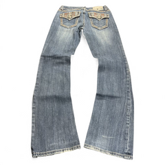 TWC Vintage Damen Y2K Bootcut Jeans in Blau mit verzierten Gesäßtaschen und Strasssteinen