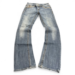 TWC Vintage Damen Y2K Bootcut Jeans in verwaschenem Blau mit Ziersteinen an den Taschen