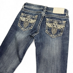 TWC Vintage Damen Y2K Bootcut Jeans in Blau mit aufwendig bestickten Gesäßtaschen und heller Waschung