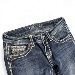 TWC Vintage Damen Y2K Bootcut Jeans in Dunkelblau mit auffälligen Ziernähten und verzierten Taschen
