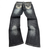 TWC Vintage Damen Y2K Bootcut Jeans in Dunkelblau mit aufwendigen Stickereien und Strasssteinen auf den Gesäßtaschen