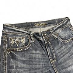 TWC Vintage Damen Y2K Bootcut Jeans in verwaschenem Dunkelblau mit verzierten Taschen und Strassdetails