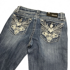 TWC Vintage Damen Y2K Bootcut Jeans in Blau mit aufwendigen Stickereien und Strasssteinen auf den Gesäßtaschen
