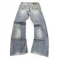 TWC Vintage Damen Y2K Bootcut Jeans in Blau mit verzierten Gesäßtaschen und Used-Waschung
