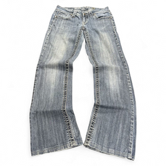 TWC Vintage Damen Y2K Bootcut Jeans in verwaschenem Blau mit markanten Kontrastnähten und Vintage-Waschung