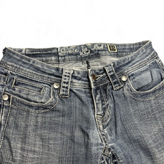 TWC Vintage Damen Y2K Bootcut Jeans in Blau mit Strass-Details an den Taschen und Kontrastnähten