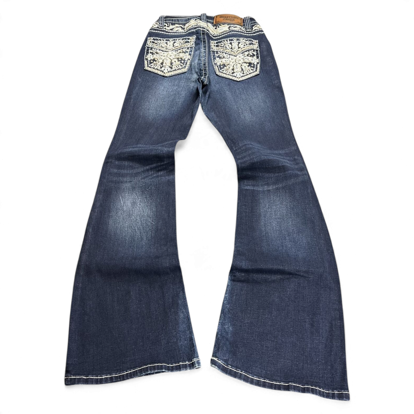 TWC Vintage Damen Y2K Bootcut Jeans in Dunkelblau mit aufwendig bestickten Gesäßtaschen und Ziernähten