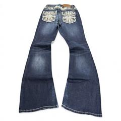 TWC Vintage Damen Y2K Bootcut Jeans in Dunkelblau mit aufwendig bestickten Gesäßtaschen und Ziernähten
