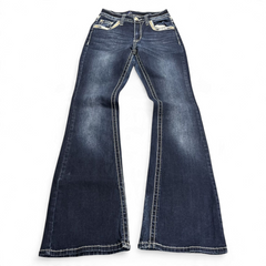 TWC Vintage Damen Y2K Bootcut Jeans in Dunkelblau mit Kontrastnähten und verzierten Taschen