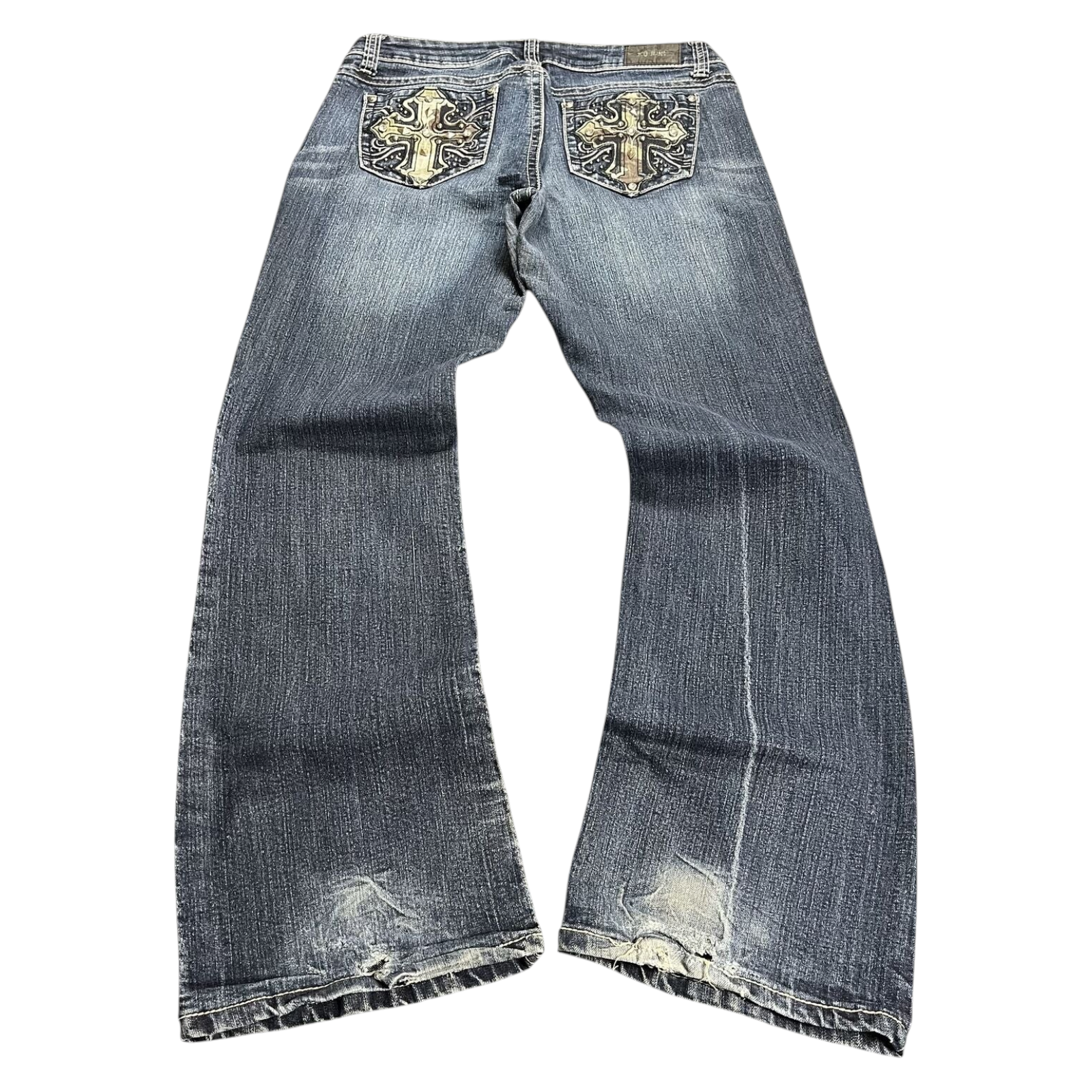 TWC Vintage Damen Y2K Bootcut Jeans in Dunkelblau mit Kreuz-Stickerei und Strasssteinen auf den Gesäßtaschen