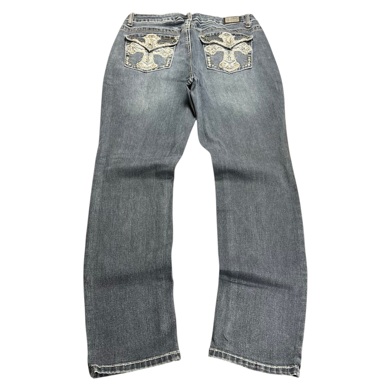 TWC Vintage Damen Y2K Skinny Jeans in Dunkelblau mit verzierten Gesäßtaschen und Strass-Stickereien