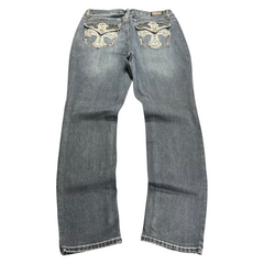 TWC Vintage Damen Y2K Skinny Jeans in Dunkelblau mit verzierten Gesäßtaschen und Strass-Stickereien