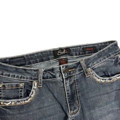 TWC Vintage Damen Y2K Skinny Jeans in Dunkelblau mit Strassverzierungen an den Taschen und Kontrastnähten