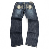 TWC Vintage Damen Y2K Jeans in Dunkelblau mit geradem Schnitt und aufwendigen Stickereien auf den Gesäßtaschen