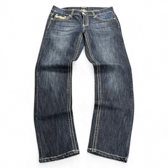 TWC Vintage Damen Y2K Jeans in Dunkelblau mit geradem Schnitt und markanten Kontrastnähten im Vintage-Stil