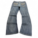 TWC Vintage Damen Y2K Bootcut Jeans in Dunkelblau mit verzierten Gesäßtaschen und Kontrastnähten
